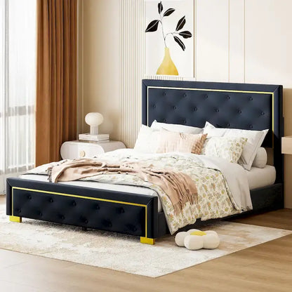 Queen Size Upholstered Platform Bed with Pull Point Headboard and Metal Wire Frame