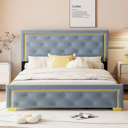 Queen Size Upholstered Platform Bed with Pull Point Headboard and Metal Wire Frame