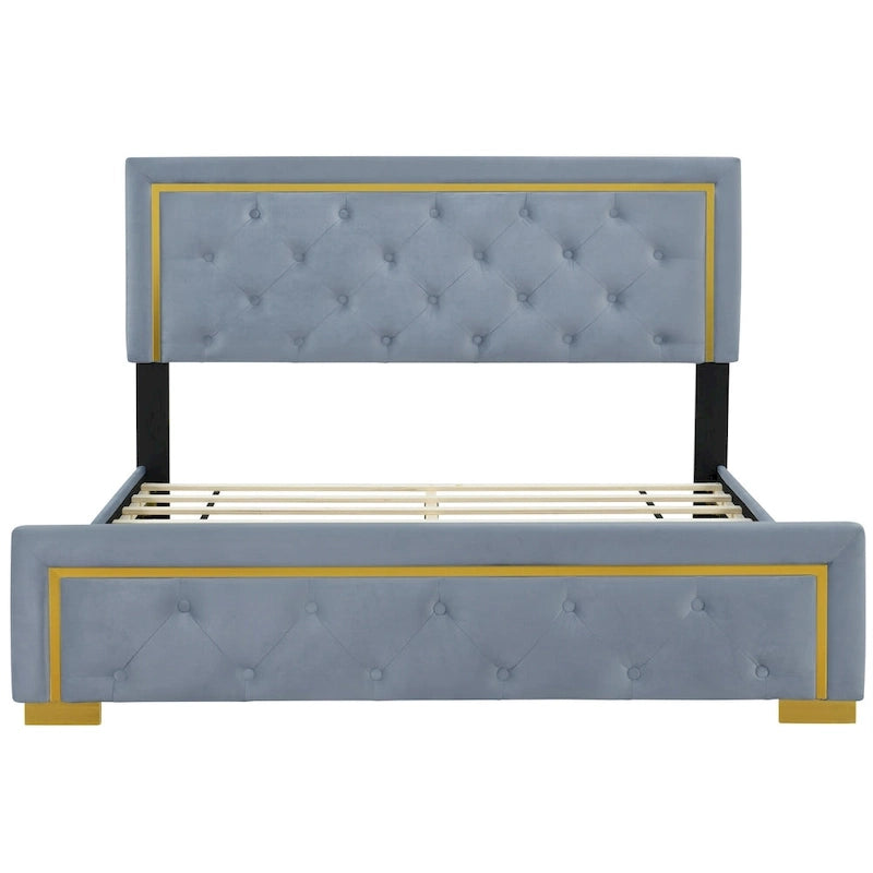 Queen Size Upholstered Platform Bed with Pull Point Headboard and Metal Wire Frame