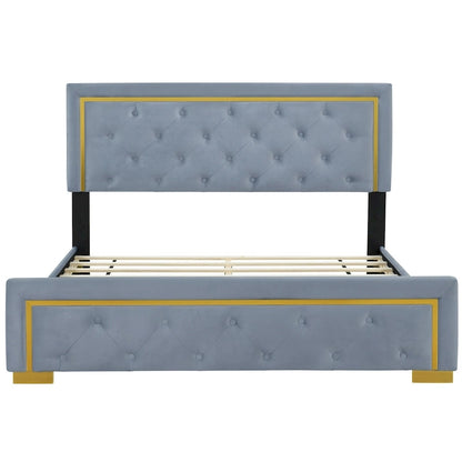 Queen Size Upholstered Platform Bed with Pull Point Headboard and Metal Wire Frame