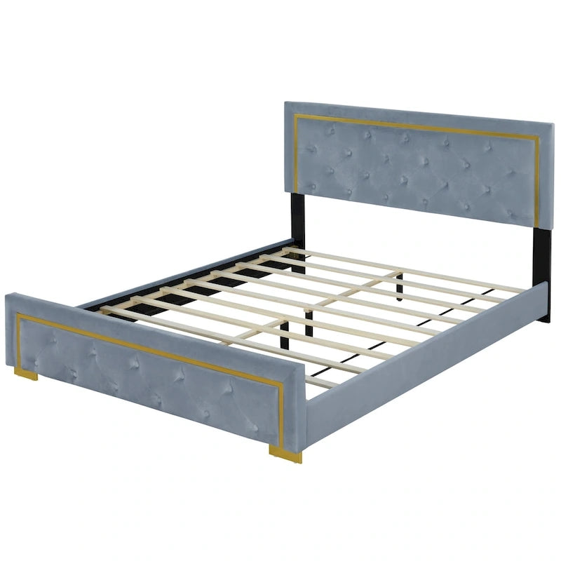 Queen Size Upholstered Platform Bed with Pull Point Headboard and Metal Wire Frame