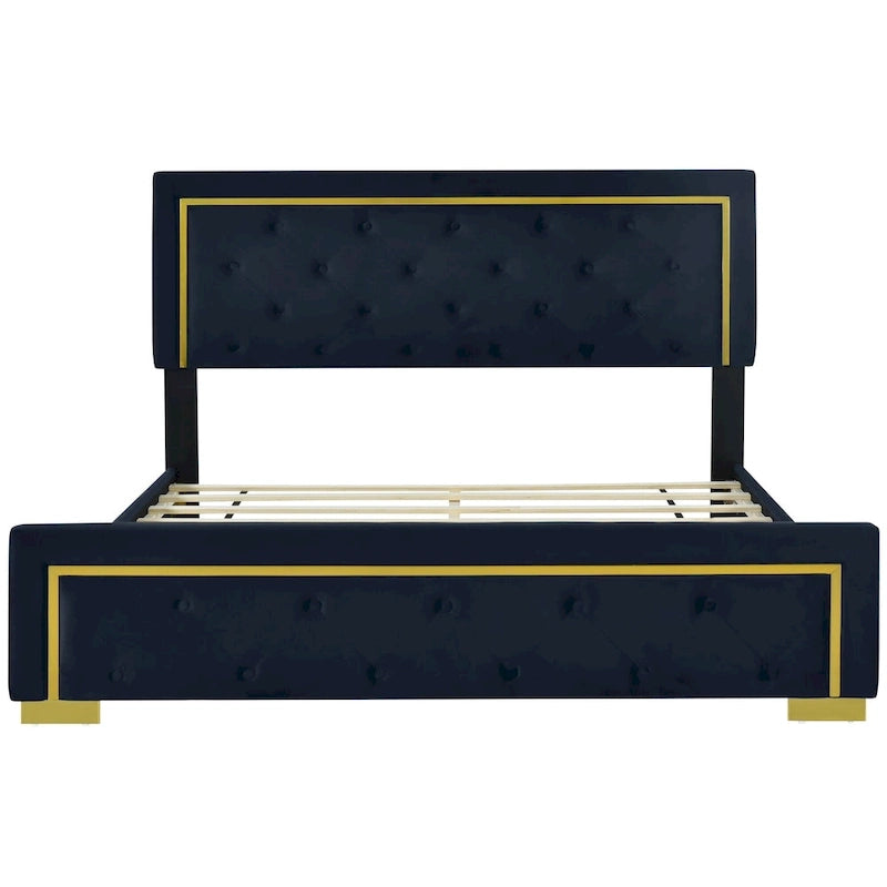 Queen Size Upholstered Platform Bed with Pull Point Headboard and Metal Wire Frame