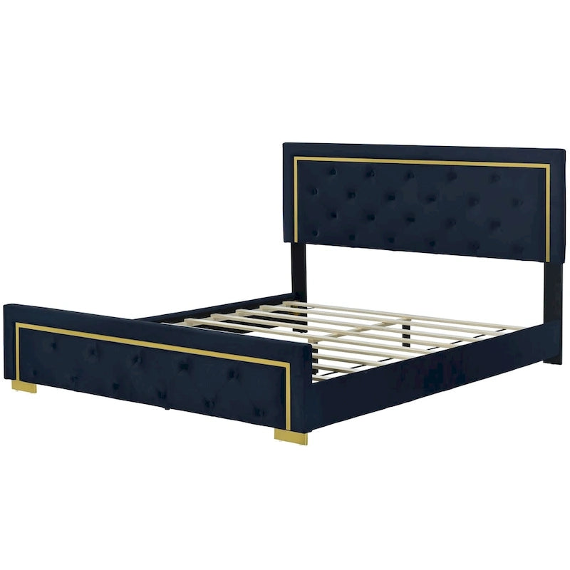 Queen Size Upholstered Platform Bed with Pull Point Headboard and Metal Wire Frame