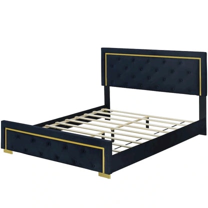 Queen Size Upholstered Platform Bed with Pull Point Headboard and Metal Wire Frame