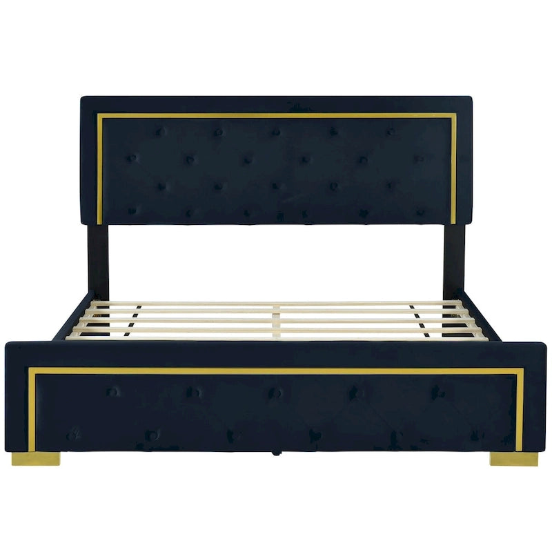 Queen Size Upholstered Platform Bed with Pull Point Headboard and Metal Wire Frame