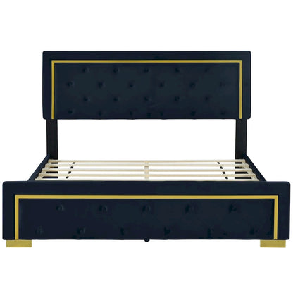 Queen Size Upholstered Platform Bed with Pull Point Headboard and Metal Wire Frame