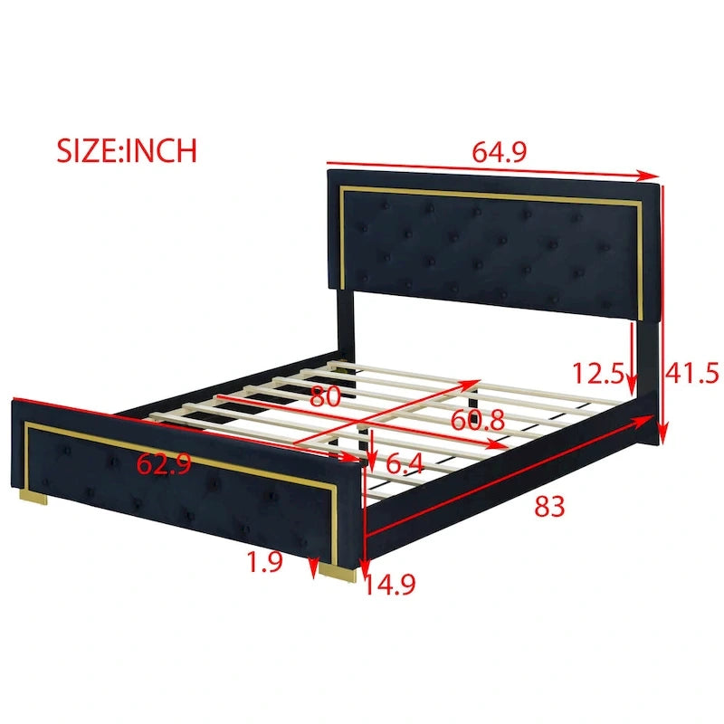Queen Size Upholstered Platform Bed with Pull Point Headboard and Metal Wire Frame