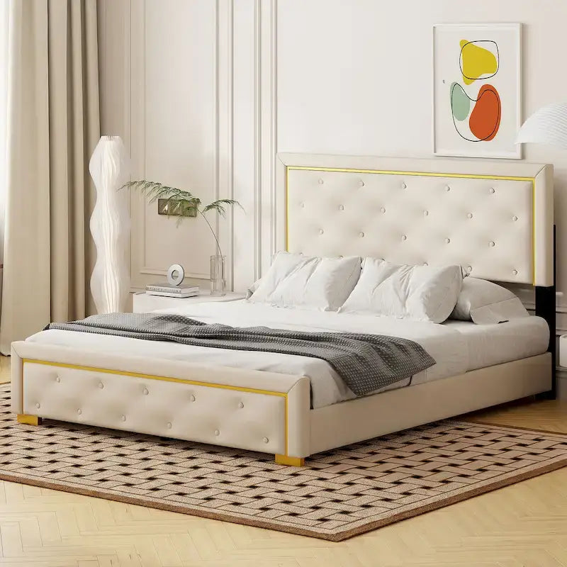 Queen Size Upholstered Platform Bed with Pull Point Headboard and Metal Wire Frame