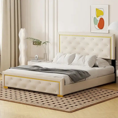 Queen Size Upholstered Platform Bed with Pull Point Headboard and Metal Wire Frame