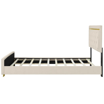 Queen Size Upholstered Platform Bed with Pull Point Headboard and Metal Wire Frame