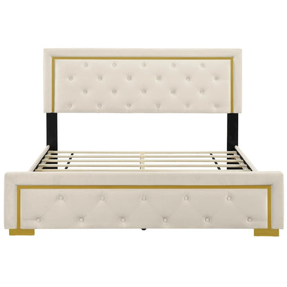 Queen Size Upholstered Platform Bed with Pull Point Headboard and Metal Wire Frame