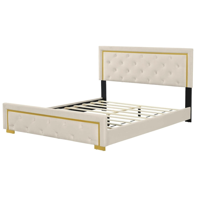 Queen Size Upholstered Platform Bed with Pull Point Headboard and Metal Wire Frame