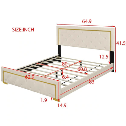 Queen Size Upholstered Platform Bed with Pull Point Headboard and Metal Wire Frame