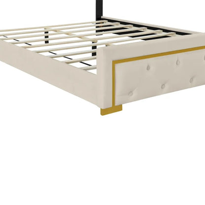 Queen Size Upholstered Platform Bed with Pull Point Headboard and Metal Wire Frame