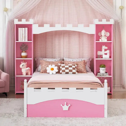 Twin Size Castle-Shaped Wooden Platform Bed with Storage Shelf for Kids Bedroom