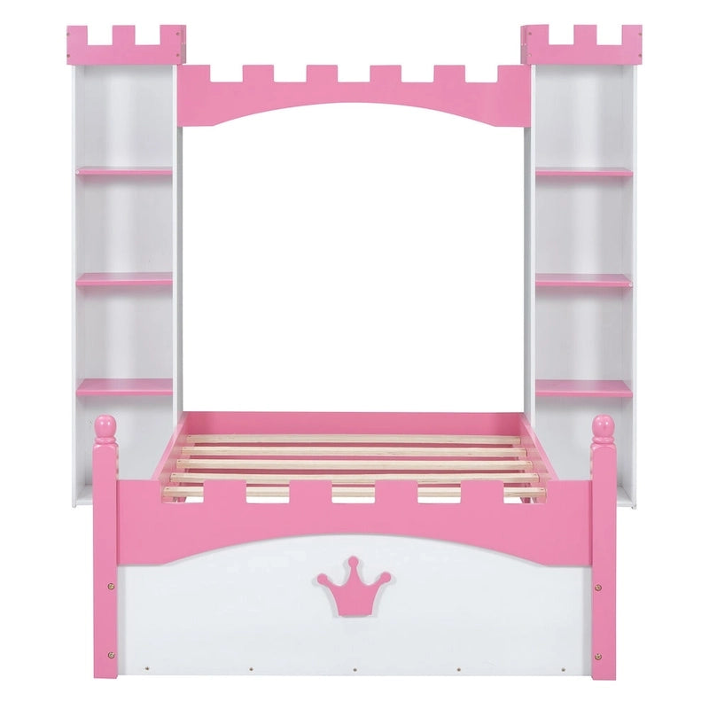 Twin Size Castle-Shaped Wooden Platform Bed with Storage Shelf for Kids Bedroom