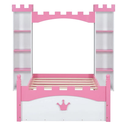 Twin Size Castle-Shaped Wooden Platform Bed with Storage Shelf for Kids Bedroom
