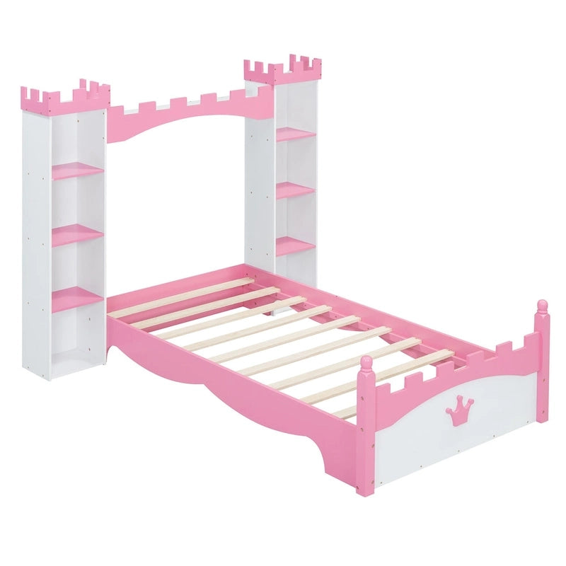 Twin Size Castle-Shaped Wooden Platform Bed with Storage Shelf for Kids Bedroom