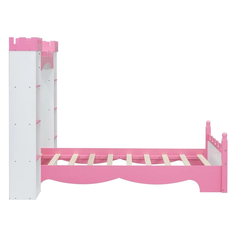 Twin Size Castle-Shaped Wooden Platform Bed with Storage Shelf for Kids Bedroom
