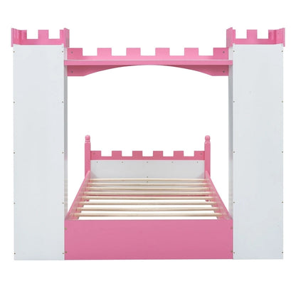 Twin Size Castle-Shaped Wooden Platform Bed with Storage Shelf for Kids Bedroom