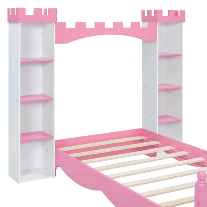 Twin Size Castle-Shaped Wooden Platform Bed with Storage Shelf for Kids Bedroom