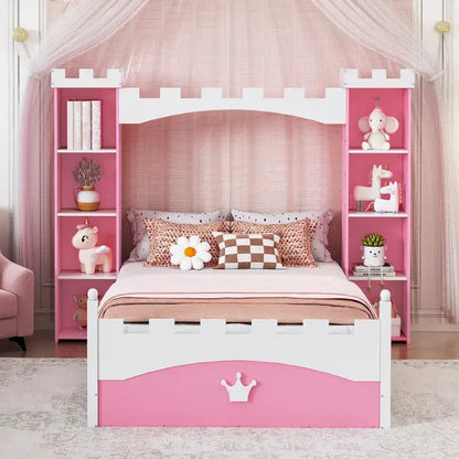 Twin Size Castle-Shaped Wooden Platform Bed with Storage Shelf for Kids Bedroom