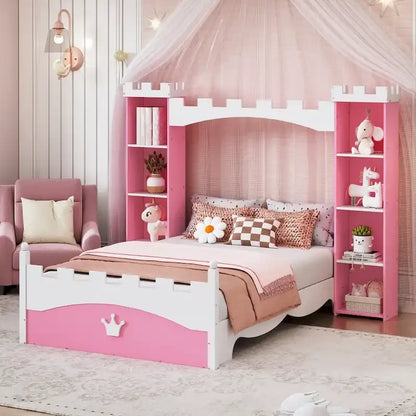 Twin Size Castle-Shaped Wooden Platform Bed with Storage Shelf for Kids Bedroom