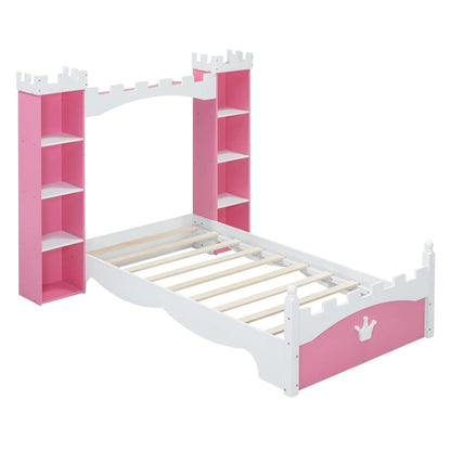 Twin Size Castle-Shaped Wooden Platform Bed with Storage Shelf for Kids Bedroom