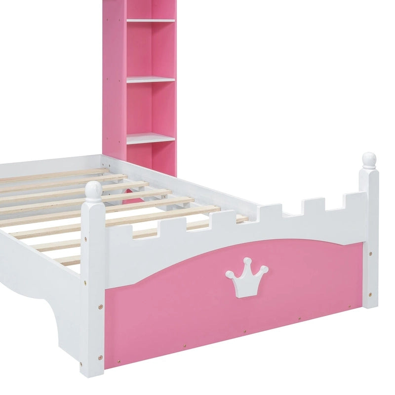 Twin Size Castle-Shaped Wooden Platform Bed with Storage Shelf for Kids Bedroom