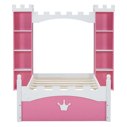 Twin Size Castle-Shaped Wooden Platform Bed with Storage Shelf for Kids Bedroom