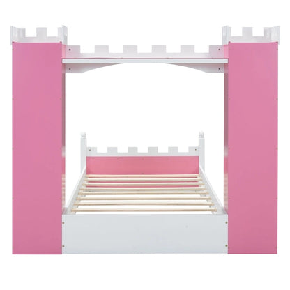 Twin Size Castle-Shaped Wooden Platform Bed with Storage Shelf for Kids Bedroom
