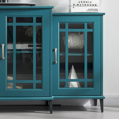Teal Blue 62 TV Stand with Glass Doors & Shelves for Living Room