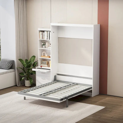 White Full-Size Murphy Bed with Integrated Shelves and Drawers - Gas Strut Mechanism