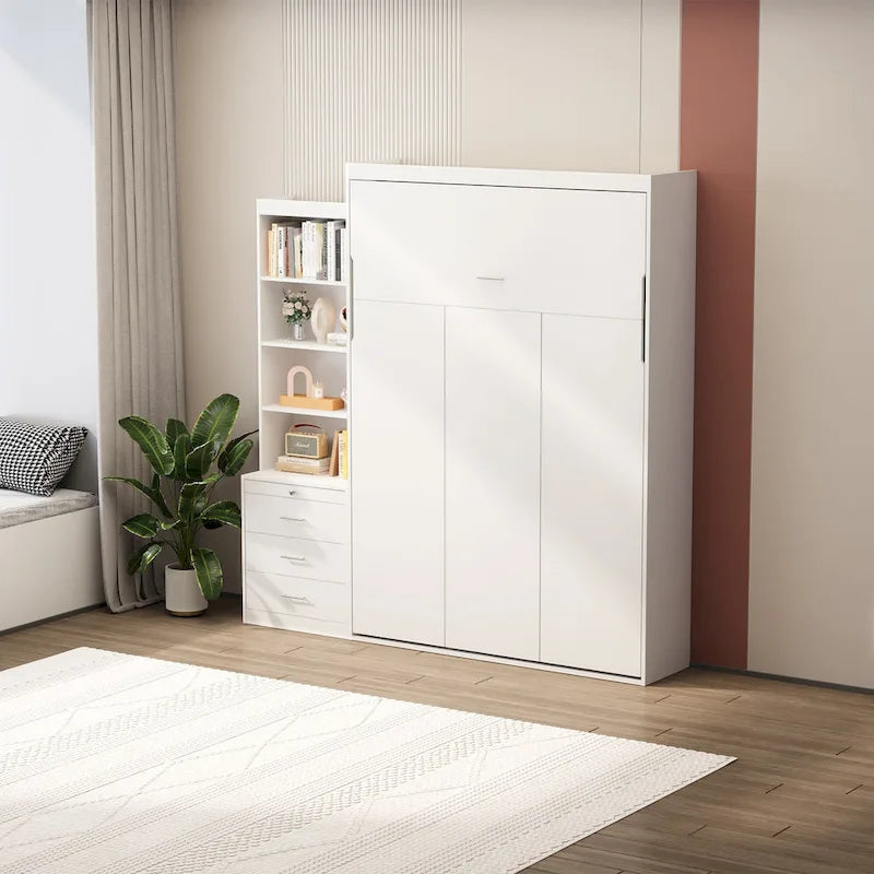 White Full-Size Murphy Bed with Integrated Shelves and Drawers - Gas Strut Mechanism