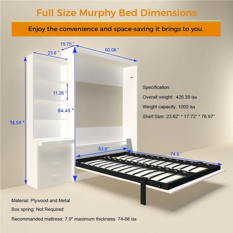 White Full-Size Murphy Bed with Integrated Shelves and Drawers - Gas Strut Mechanism