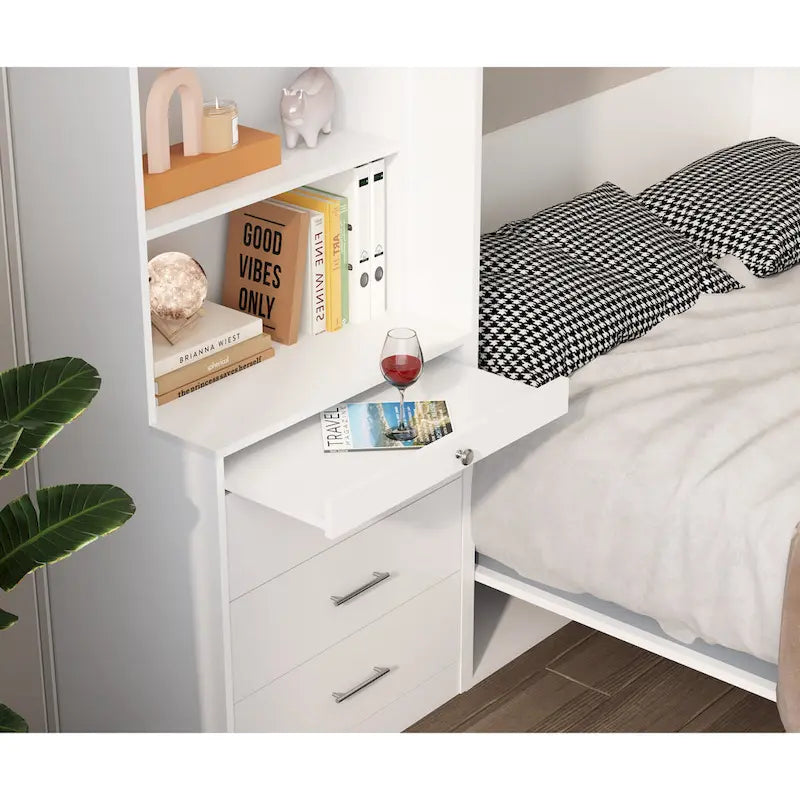 White Full-Size Murphy Bed with Integrated Shelves and Drawers - Gas Strut Mechanism