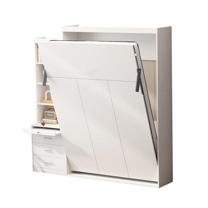 White Full-Size Murphy Bed with Integrated Shelves and Drawers - Gas Strut Mechanism