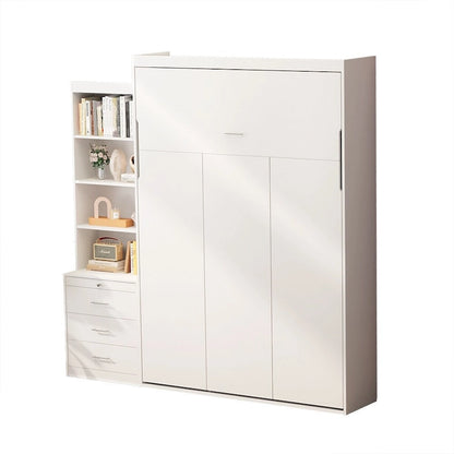 White Full-Size Murphy Bed with Integrated Shelves and Drawers - Gas Strut Mechanism