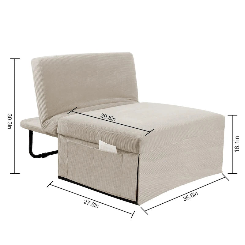 White 36.61 4-in-1 Convertible Corduroy Lounge Chair