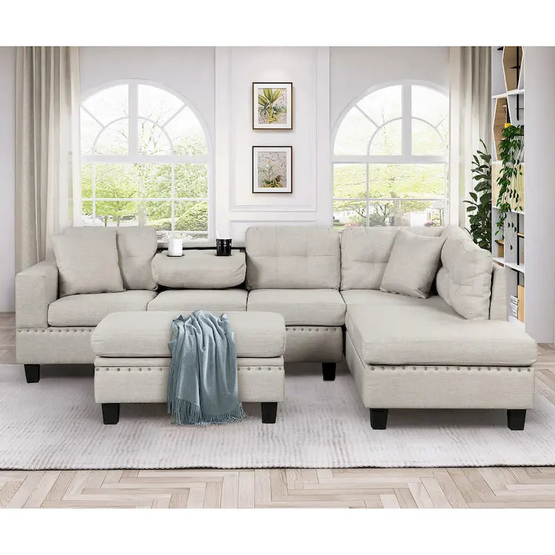 Grey 105 L-Shaped 7-Seat Modern Sectional Sofa with 2 Cushions, Reversible Chaise, Storage Ottoman, and Cup Holders