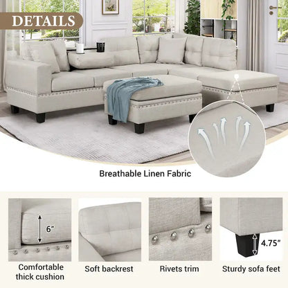 Grey 105 L-Shaped 7-Seat Modern Sectional Sofa with 2 Cushions, Reversible Chaise, Storage Ottoman, and Cup Holders
