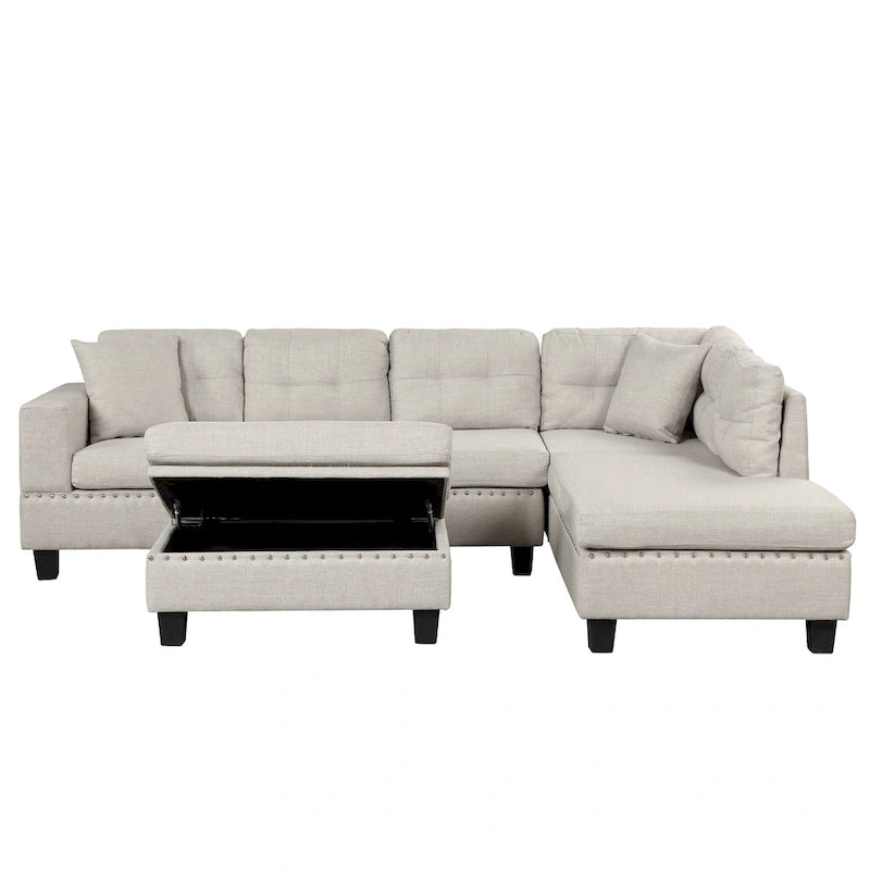 Grey 105 L-Shaped 7-Seat Modern Sectional Sofa with 2 Cushions, Reversible Chaise, Storage Ottoman, and Cup Holders