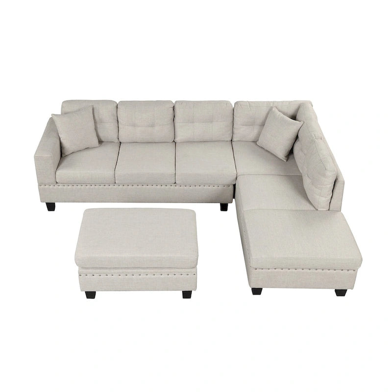 Grey 105 L-Shaped 7-Seat Modern Sectional Sofa with 2 Cushions, Reversible Chaise, Storage Ottoman, and Cup Holders