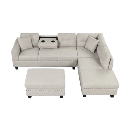 Grey 105 L-Shaped 7-Seat Modern Sectional Sofa with 2 Cushions, Reversible Chaise, Storage Ottoman, and Cup Holders