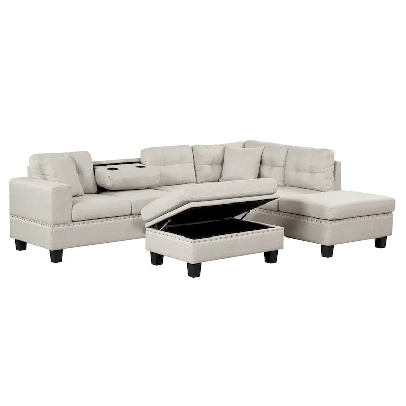 Grey 105 L-Shaped 7-Seat Modern Sectional Sofa with 2 Cushions, Reversible Chaise, Storage Ottoman, and Cup Holders