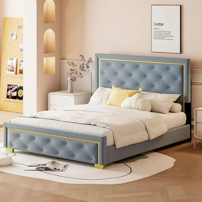 Gray Queen Size Upholstered Platform Bed with Pull Point Headboard and Metal Frame
