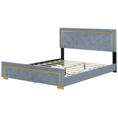 Gray Queen Size Upholstered Platform Bed with Pull Point Headboard and Metal Frame