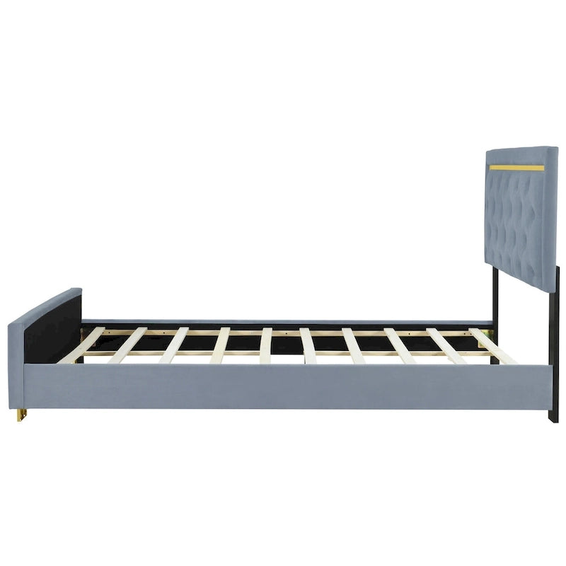 Gray Queen Size Upholstered Platform Bed with Pull Point Headboard and Metal Frame