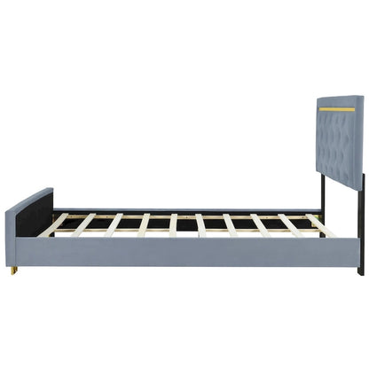 Gray Queen Size Upholstered Platform Bed with Pull Point Headboard and Metal Frame