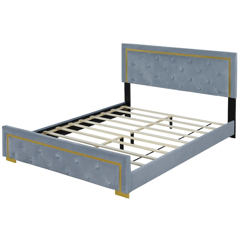 Gray Queen Size Upholstered Platform Bed with Pull Point Headboard and Metal Frame